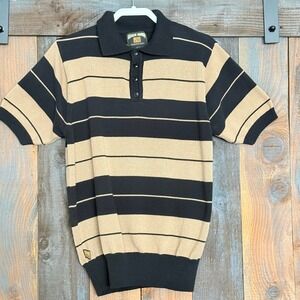 FB County Charlie Brown Striped Knit Polo Shirt Black Tan Mens Medium OG Style